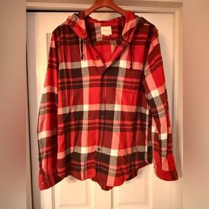 American Eagle Hooded Red and Black Plaid Button-Up Shirt- Size Large
